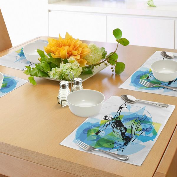 Tovagliette Sportive Abakuhaus, Uomo Atleta Sci Nautico Energic Dinamico Esotico Motivante Hobby Attività Immagine, Tiscjdeco In Tessuto Resistente Al Colore Per Sala Da Pranzo E Cucina, Nero Blu-image