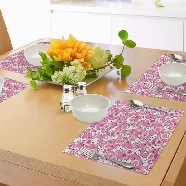 Tovagliette Anime Abakuhaus, Divertenti Illustrazioni Kawaii Con Coniglietti Carini E Stravaganti, Stampa Divertente, Decorazione Da Tavola In Tessuto Resistente Al Lavaggio Per La Sala Da Pranzo E La Cucina, Bianco Rosa-image