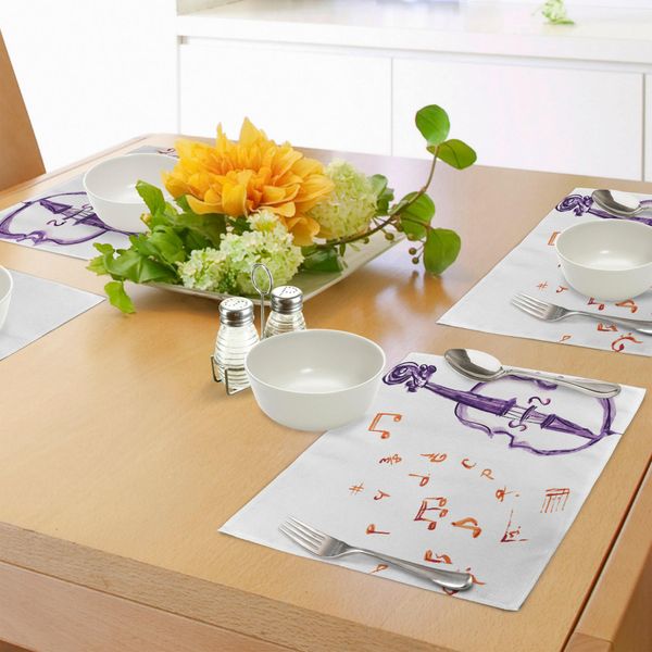 Tovagliette Abakuhaus Con Motivi Musicali, Note Musicali E Strumenti Musicali (Violino E Violoncello) In Stile Acquerello Su Sfondo Bianco, Tovagliette Decorative In Tessuto Resistente Ai Colori Per La Sala Da Pranzo E La Cucina, Viola E Rosso-image