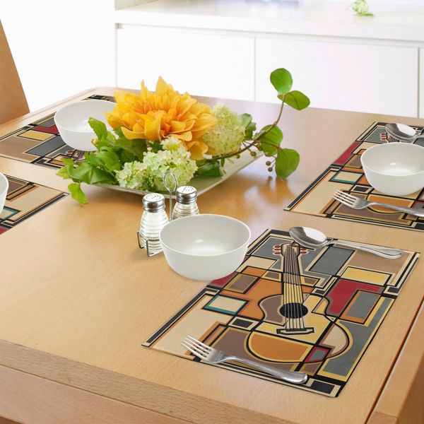 Tovagliette Abakuhaus, Sfondo Geometrico Frattale Quadrato Con Numero Di Chitarra Acustica, Tiscjdeco In Tessuto Resistente Al Lavaggio Per Sala Da Pranzo E Cucina, Multicolore-image