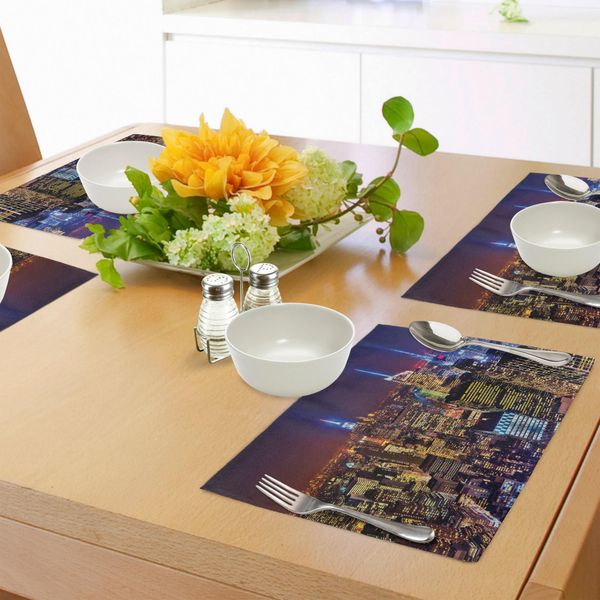 Abakuhaus New York Tovagliette, Immagine Aerea Della Città, Quartiere Landmark, Immagine Moderna Dell'independence Penthouse Di Luglio, Tiscjdeco In Tessuto Resistente Al Colore Per La Sala Da Pranzo E La Cucina, Viola Giallo-image