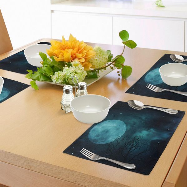 Abakuhaus Tovagliette, Luna Su Cielo Stellato Universo Cosmo Tema Spaziale Crepuscolo Mistico Paesaggio Celeste, Tiscjdeco In Tessuto Resistente Al Lavaggio Per Sala Da Pranzo E Cucina, Blu Petrolio-image
