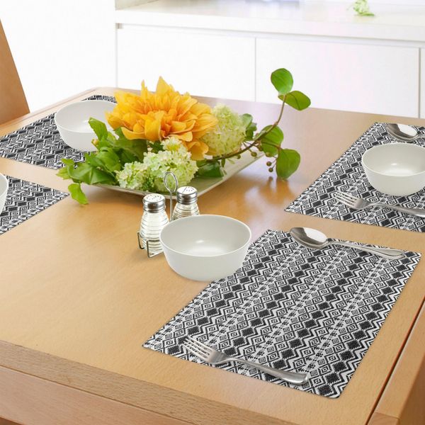 Abakuhaus Tovagliette Moderne, Design Geometrico Con Stampa Artistica Moderna Hippie A Zig Zag, Triangoli E Quadrati, Tiscjdeco In Tessuto Resistente Al Lavaggio Per La Sala Da Pranzo E La Cucina, Bianco E Nero-image