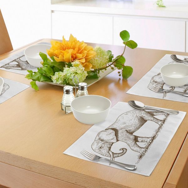 Tovagliette Abakuhaus Elefante, Animali Africani Da Safari - Mammiferi Selvatici - Illustrazione Artistica Moderna Della Natura Selvaggia, Tiscjdeco In Tessuto Resistente Ai Colori Per La Sala Da Pranzo E La Cucina, Bianco Marrone-image