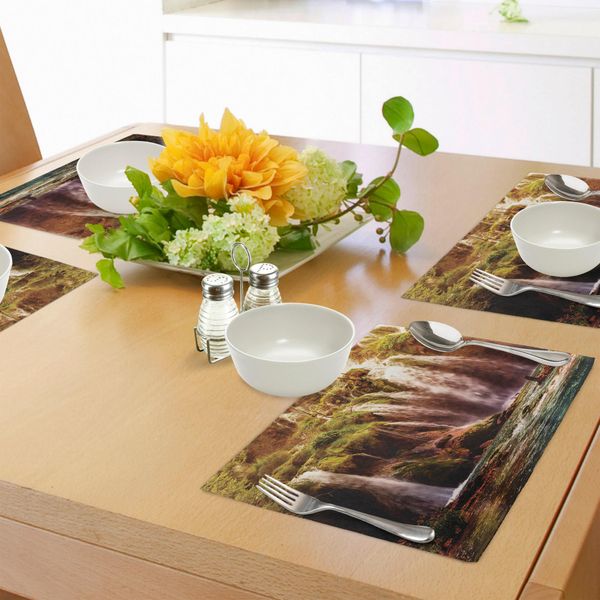 Tovagliette Abakuhaus Natur, Cascata Cascade Forest, Albero Moss Lake Stones Rocks, Meraviglie Del Mondo, Tiscjdeco In Tessuto Resistente Ai Colori Per La Sala Da Pranzo E La Cucina, Verde Marrone-image