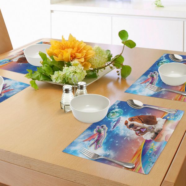 Abakuhaus Tovagliette Spaziali Con Gatti, Animali Cosmici Volanti, Gattini, Cani, Funghi, Ufo, Pianeta Terra, Composizione Vivace, Tiscjdeco In Tessuto Resistente Al Lavaggio Per Sala Da Pranzo E Cucina, Multicolore-image