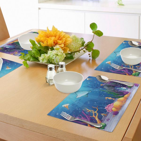 Tovagliette Abakuhaus Ocean, Sealife Marine Fish Moss Shells Bubbles Stones And Sunbeams Rays Cartoon Art Print, Tiscjdeco In Tessuto Resistente Al Colore Per La Sala Da Pranzo E La Cucina, Multicolore-image