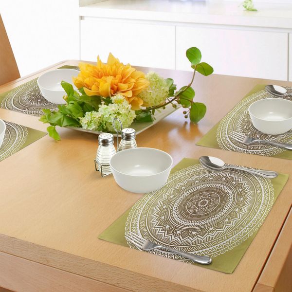 Tovagliette Abakuhaus Mandala, Motivo Floreale Ombre Mandala, Stampa Etnica Ispirata Alla Regina, Design Hippie, Tiscjdeco In Tessuto Resistente Al Lavaggio Per Sala Da Pranzo E Cucina, Senape E Bianco-image