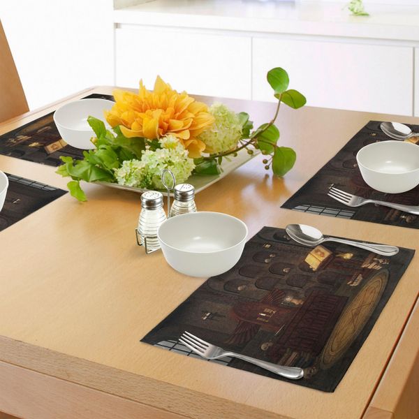 Abakuhaus Tovagliette Gotiche, Camera Del Rito Segreto Con Teschi Alle Pareti Sacra Magia Immagine Magica Stampa, Tiscjdeco In Tessuto Resistente Al Colore Per La Sala Da Pranzo E La Cucina, Marrone-image