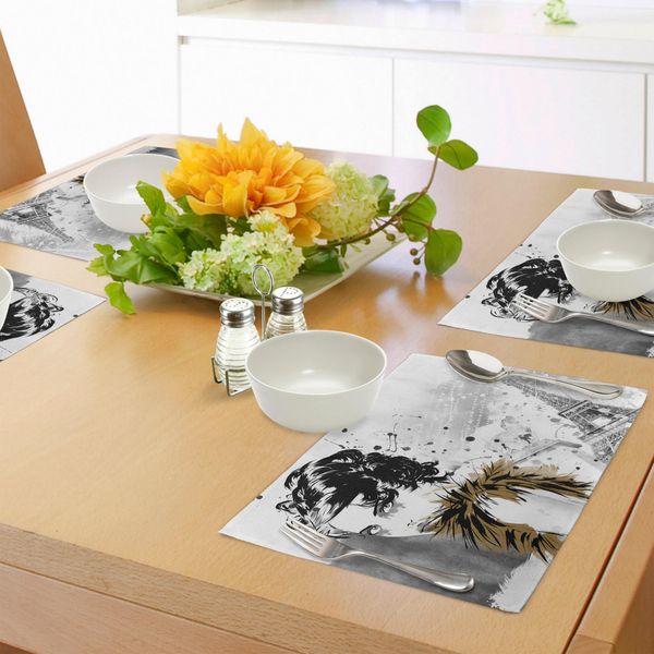 Abakuhaus Tovagliette Moderne, Modella Con Piume E Pois, Posa Artistica Contemporanea Con La Torre Eiffel, Tiscjdeco In Tessuto Resistente Al Lavaggio Per La Sala Da Pranzo E La Cucina, Bianco Grigio-image