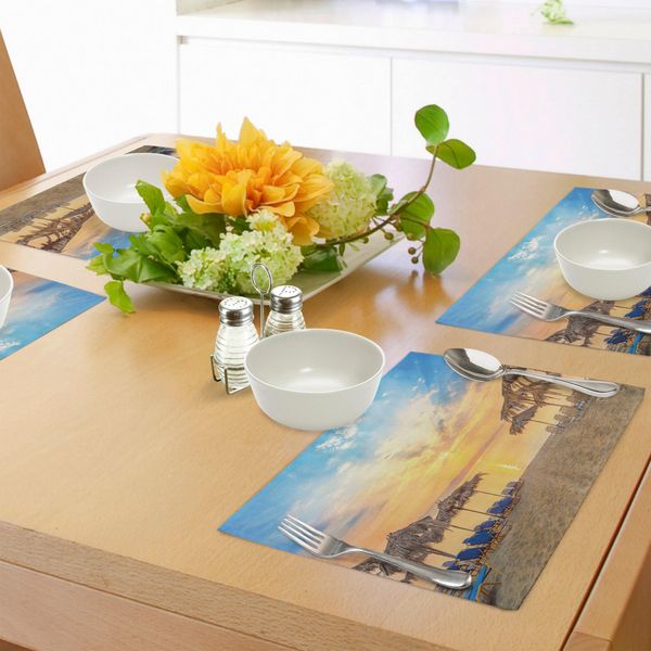 Tovagliette Estive Abakuhaus, Sandy Beach Con Immagine Vivid Sunrise Paradise Relax Tropical Holiday Place, Tiscjdeco In Tessuto Resistente Al Colore Per La Sala Da Pranzo E La Cucina, Blu Tan-image