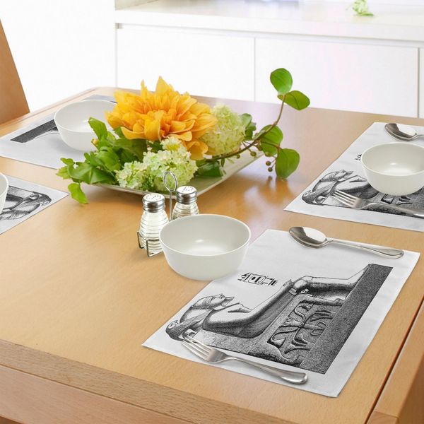 Abakuhaus Tovagliette Egiziane, Antica Era Antica Egitto Faraone King Pose Con Un Uccello Falco Schizzo Immagine, Tiscjdeco In Tessuto Resistente Al Colore Per La Sala Da Pranzo E La Cucina, Bianco E Nero-image