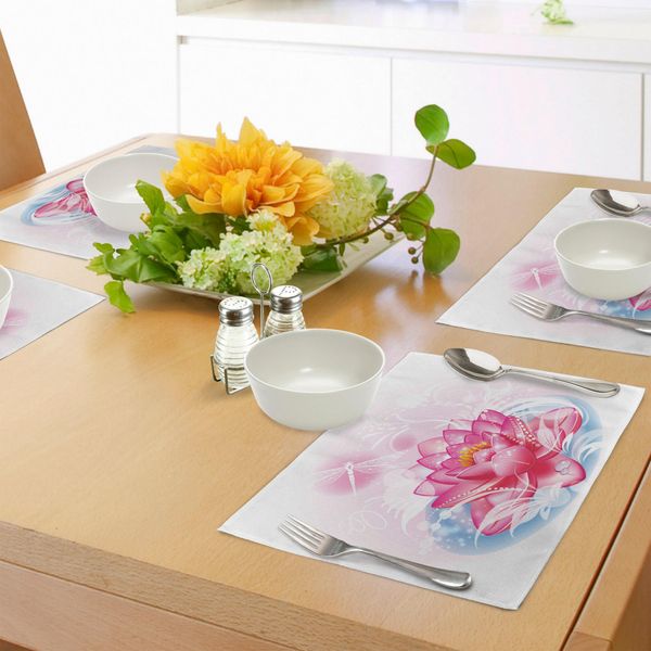 Tovagliette Abakuhaus Con Motivo Floreale, Motivo Mandala, Tema Yoga Orientale, Figura Di Fiore Di Loto Con Mantide Astratta E Pois, Decorazione Da Tavola In Tessuto Resistente Al Lavaggio Per Sala Da Pranzo E Cucina, Rosa-image