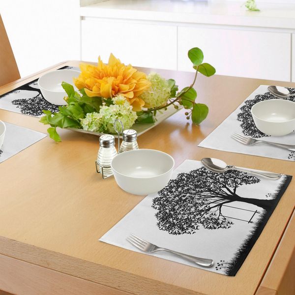 Tovagliette Abakuhaus Baum, Silhouette Di Un Albero Con Illustrazione Di Fiori E Erba Monocromatica, Tiscjdeco In Tessuto Resistente Al Lavaggio Per La Sala Da Pranzo E La Cucina, Bianco E Nero-image