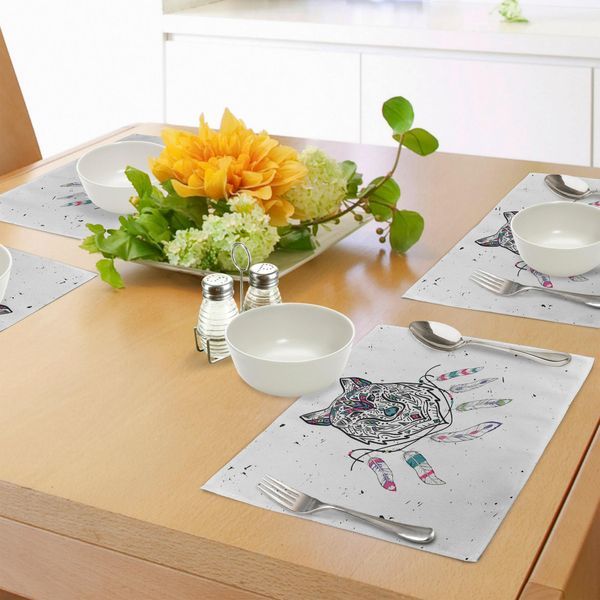 Tovagliette Tribali Abakuhaus, Stampa Artistica Etnica Ispirata Alla Natura Selvaggia E Libera Con Lupo E Piume Boho, Tiscjdeco In Tessuto Resistente Al Lavaggio Per Sala Da Pranzo E Cucina, Teal-image