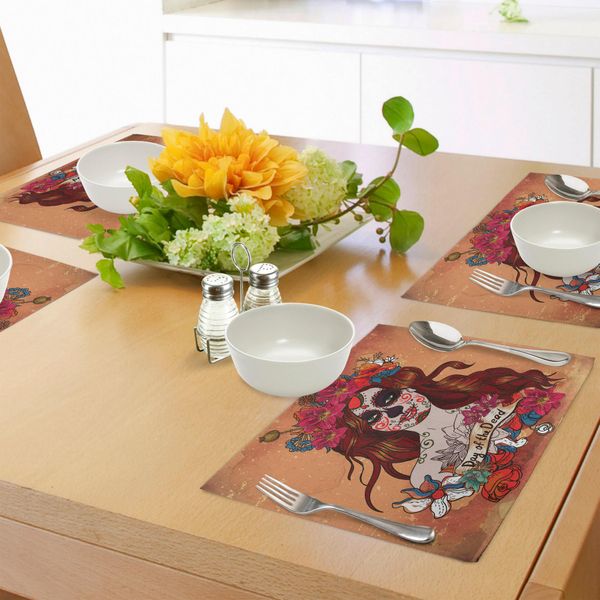 Abakuhaus Tovagliette Giorno Dei Morti, Dia De Los Muertos Cultura Spagnola Teschio Festivo Messicano, Tiscjdeco In Tessuto Resistente Ai Colori Per La Sala Da Pranzo E La Cucina, Cannella Magenta Marrone Rossiccio-image