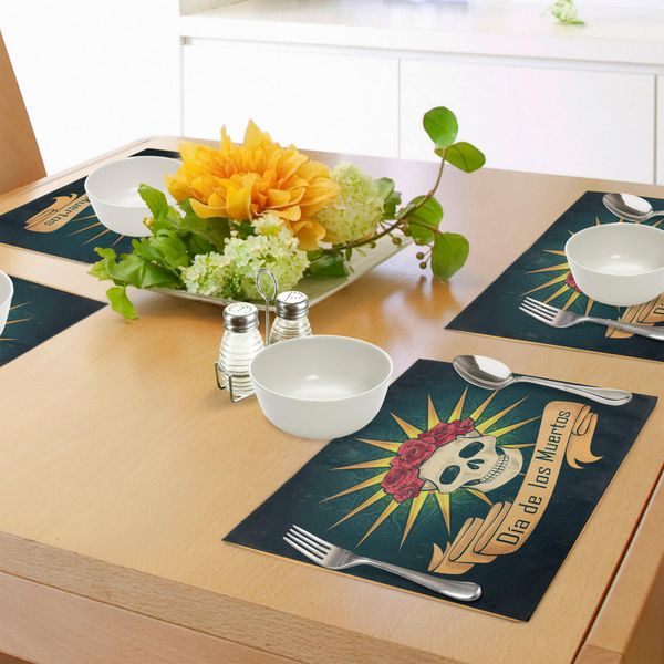 Abakuhaus Tovagliette Giorno Dei Morti, Teschi Di Zucchero Con Rose E Stampa Dia De Los Muertos In Stile Grunge, Tovaglietta Decorativa In Tessuto Resistente Al Lavaggio Per Sala Da Pranzo E Cucina, Blu Scuro E Verde-image