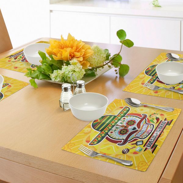Abakuhaus Giorno Dei Morti Tovagliette, Teschi Messicani Con Tacos E Peperoncini 2 Novembre Stampa Artistica Colorata, Decorazione Da Tavola In Tessuto Resistente Ai Colori Per La Sala Da Pranzo E La Cucina, Giallo-image
