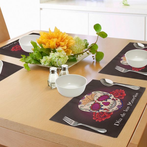 Abakuhaus Tovagliette Giorno Dei Morti, Dia De Los Muertos Citazione Spagnola Teschio Scheletro Stampa Vivace, Tiscjdeco In Tessuto Resistente Al Lavaggio Per La Sala Da Pranzo E La Cucina, Crema Prugna Rosso-image