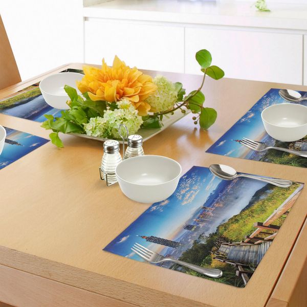 Tovagliette Abakuhaus, Splendido Paesaggio Cosmopolita E Natura Urbana Con Stampa Ponte, Tessuto Lavabile E Resistente Allo Scolorimento Per Sala Da Pranzo E Cucina, Multicolore-image