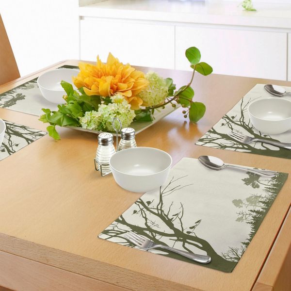 Tovagliette Abakuhaus Wald, Tema Natura Panorama Con Uccellino Su Ramo Stampato, Tovaglietta Decorativa In Tessuto Resistente Al Lavaggio Per Sala Da Pranzo E Cucina, Verde Oliva Crema-image