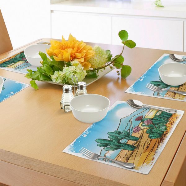 Tovagliette Abakuhaus Cactus, Immagine Vettoriale Con Disegno Caricaturale Di Cactus In Fiore, Grafica Montagna-Deserto-Sabbia-Sole, Tiscjdeco In Tessuto Resistente Ai Colori Per Sala Da Pranzo E Cucina, Multicolore-image