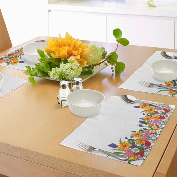 Tovagliette Abakuhaus Con Motivi Floreali, Stampa In Stile Caricaturale Con Piante Da Giardino, Margherite, Violette, Tulipani, Natura, Decorazioni Da Tavola In Tessuto Resistente Al Lavaggio Per La Sala Da Pranzo E La Cucina, Multicolore-image
