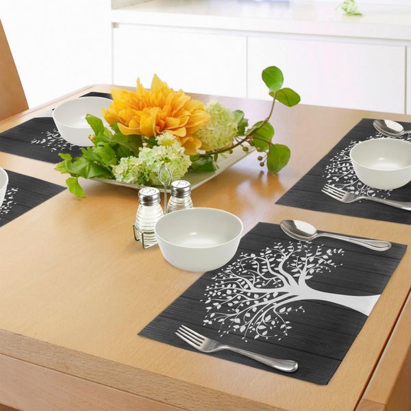 Abakuhaus Tovagliette Rustiche, Un Albero Con Molte Foglie - Motivo - Sfondo In Legno - Tema Botanico - Stampa Illustrativa, Decorazione Da Tavola In Tessuto Resistente Al Lavaggio Per La Sala Da Pranzo E La Cucina, Bianco-image