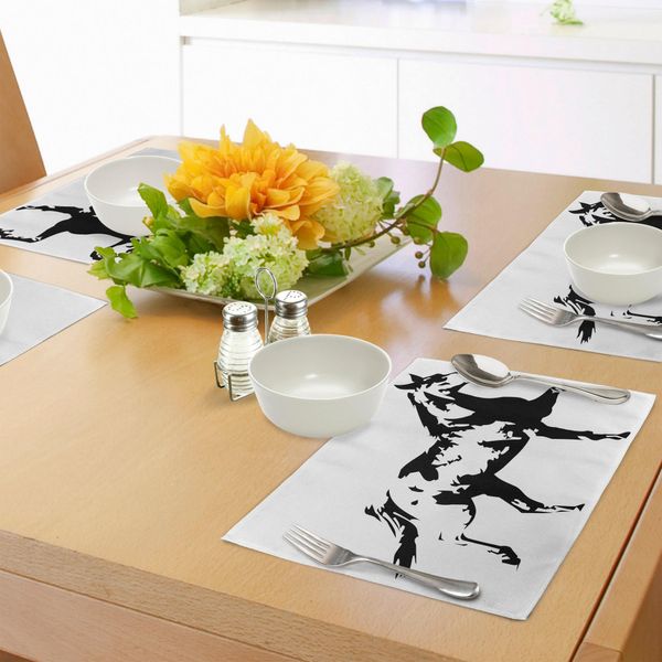 Tovagliette Abakuhaus Con Motivi Animali, Tema Animali: Illustrazione Con Sagoma Di Cavallo Al Galoppo In Stile Monocromatico, Decorazione Da Tavola In Tessuto Resistente Al Lavaggio Per Sala Da Pranzo E Cucina, Bianco E Nero.-image