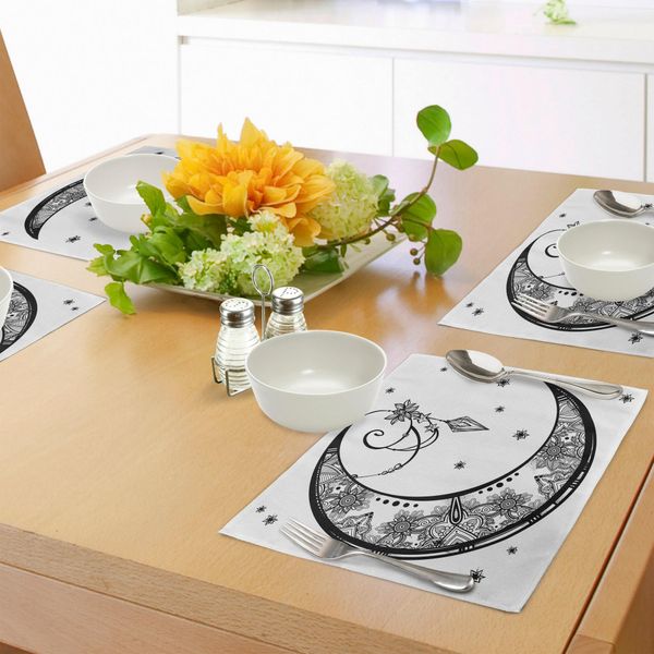Tovagliette Tribali Abakuhaus, Motivi Floreali Paisley, Figure Gem, Stampa Ispirata All'astrologia Etnica, Tiscjdeco In Tessuto Resistente Al Lavaggio Per Sala Da Pranzo E Cucina, Bianco E Nero-image