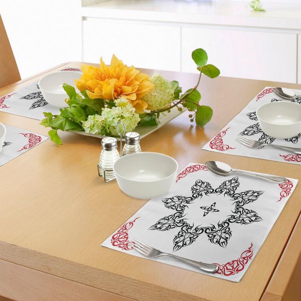 Tovagliette Tribali Abakuhaus, Arte Etnica Con Tatuaggi Circolari Vettoriali, Stampa Moderna Con Cornice, Decorazioni Da Tavola In Tessuto Resistente Ai Colori Per La Sala Da Pranzo E La Cucina, Bianco, Nero E Rubino.-image