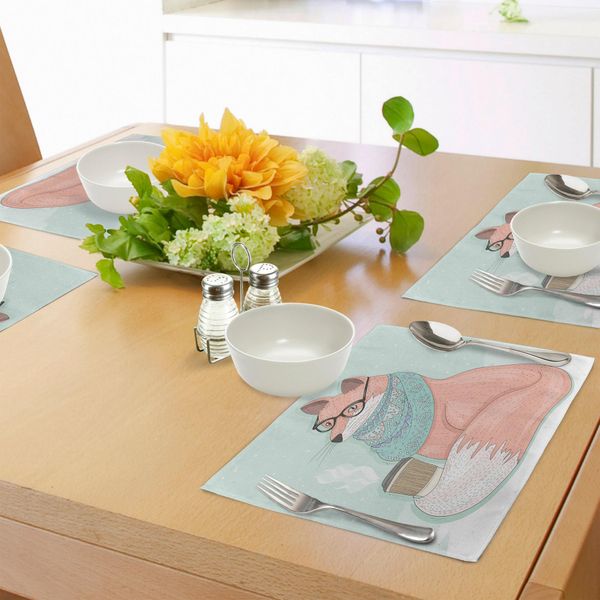 Tovagliette Abakuhaus, Simpatico Volpe Hippie Con Occhiali E Sciarpa, Illustrazione Hippie Che Beve Caffè, Decorazione Da Tavola In Tessuto Resistente Ai Colori Per La Sala Da Pranzo E La Cucina, Verde Menta Rosso Corallo-image