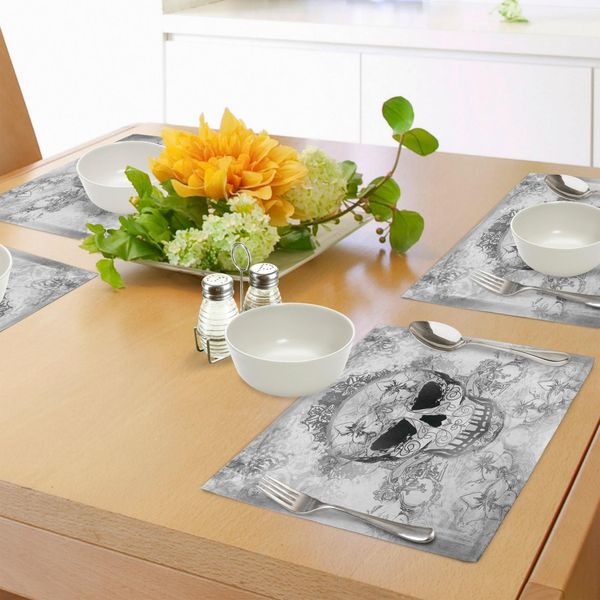 Abakuhaus Tovagliette Giorno Dei Morti, Teschi Con Motivi Paisley Orientali Stampa Festiva, Decorazioni Da Tavola In Tessuto Resistente Al Lavaggio Per La Sala Da Pranzo E La Cucina, Grigio Chiaro E Bianco-image