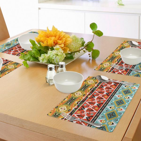 Tovagliette Tribali Abakuhaus, Motivo Astratto Di Amore E Avventura Con Stampa Etnica Azteca, Tiscjdeco In Tessuto Resistente Al Lavaggio Per La Sala Da Pranzo E La Cucina, Senape Scarlatto Blu-image