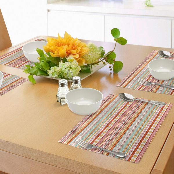 Tovagliette Tribali Abakuhaus, Motivo Indigeno Vintage A Strisce Con Stampa Geometrica Floreale, Tiscjdeco In Tessuto Resistente Al Lavaggio Per La Sala Da Pranzo E La Cucina, Rosso Calendula E Marrone Chiaro-image