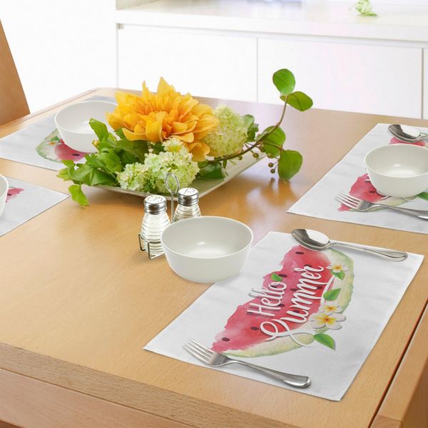 Tovagliette Acquerellate Abakuhaus, Citazione Motivazionale "Ciao Estate"" Con Immagine Fresca Di Anguria E Papaveri, Decorazione Da Tavola In Tessuto Resistente Al Lavaggio Per La Sala Da Pranzo E La Cucina, Verde Menta Rosa"-image