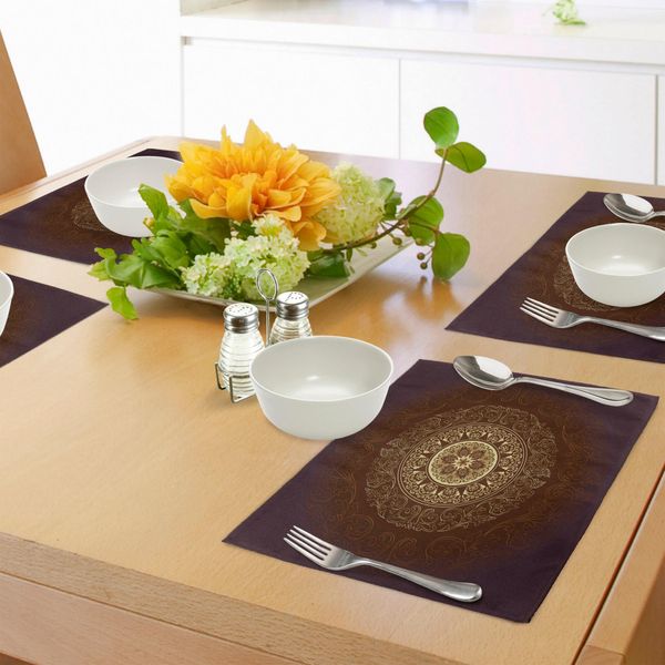 Tovagliette Abakuhaus Mandala, Motivo Floreale Vintage Ispirato Alla Cultura Spirituale Asiatica Etnica Tribale, Tovaglietta Decorativa In Tessuto Resistente Al Lavaggio Per La Sala Da Pranzo E La Cucina, Marrone Castagna E Giallo.-image