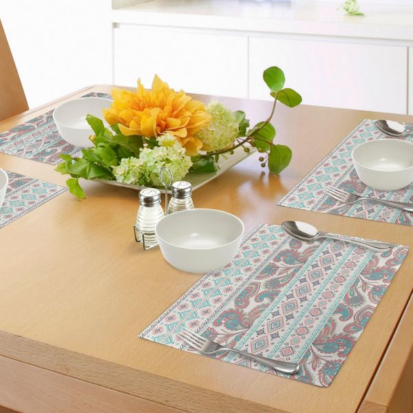 Tovagliette Abakuhaus, Motivo Paisley In Stile Azteco Con Motivi Etnici Misti E Motivi Floreali, Tiscjdeco In Tessuto Resistente Al Lavaggio Per La Sala Da Pranzo E La Cucina, Rosso Corallo, Crema E Acquamarina.-image