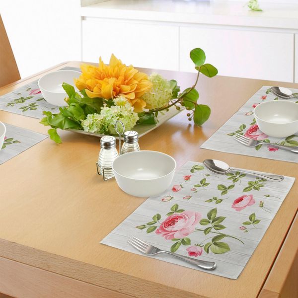 Tovagliette Abakuhaus Con Motivi Floreali, Petali Di Rose Vintage Su Sfondo Di Assi Di Legno - Design Romantico E Artistico Per Matrimoni, Stampa Digitale Su Tessuto Lavabile Per Decorazioni Da Tavola In Cucina, Rosa Confetto E Kaki-image
