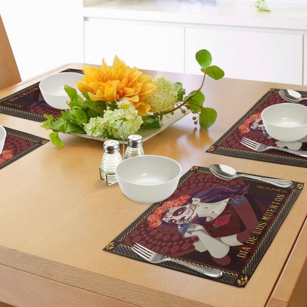 Abakuhaus Tovagliette Giorno Dei Morti, Stampa Dia De Los Muertos Donna Con Trucco Calavera Artwork Rosa Spagnola, Tiscjdeco In Tessuto Resistente Al Colore Per La Sala Da Pranzo E La Cucina, Rosso Bordeaux-image
