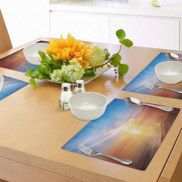 Tovagliette Abakuhaus Sunrise, Orizzonte Magico, Vista Sul Mare, Baia, Oceano, Fascino Costiero, Cielo, Tranquilla Immagine Estiva, Tiscjdeco In Tessuto Resistente Al Colore Per La Sala Da Pranzo E La Cucina, Arancione E Blu-image