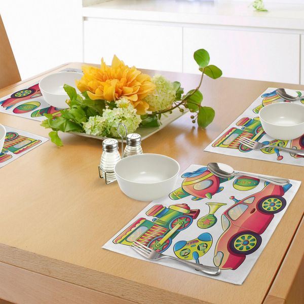 Tovagliette Per Bambini Abakuhaus, Divertente Design Con Treno, Auto, Aereo, Clacson, Palla, Pneumatico E Personaggi Dei Cartoni Animati, Tiscjdeco In Tessuto Resistente Al Lavaggio Per La Sala Da Pranzo E La Cucina, Multicolore-image