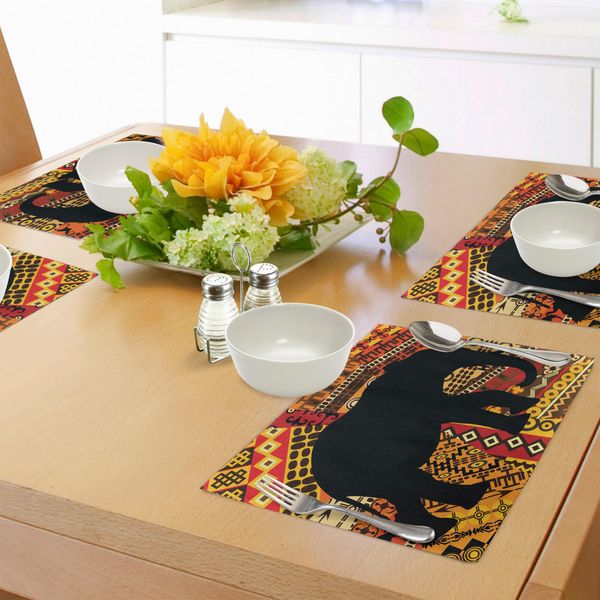 Tovagliette Abakuhaus Elefante, Design Animale Silhouette Di Elefante Su Motivi Etnici Stampati Su Tessuto, Tiscjdeco In Tessuto Resistente Al Lavaggio Per Sala Da Pranzo E Cucina, Nero E Marrone-image