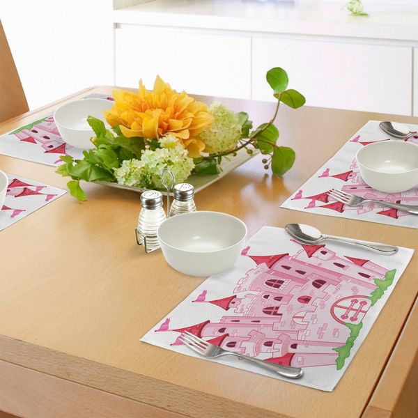 Abakuhaus Tovagliette Fantasia, Principessa Castello Principessa Delle Fiabe Regno Magico Illustrazione Cartoon Arte, Tiscjdeco In Tessuto Resistente Ai Colori Per La Sala Da Pranzo E La Cucina, Bianco Rosa-image
