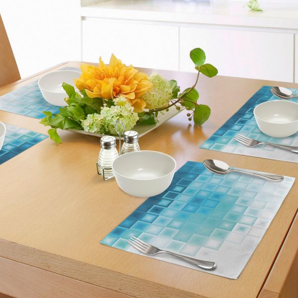 Abakuhaus Tovagliette Astratte, Mosaico Artistico, Forme Frattali Quadrate Morbide Con Stampa Accattivante, Decorazioni Da Tavola In Tessuto Resistente Al Lavaggio Per La Sala Da Pranzo E La Cucina, Azzurro Cielo Acquamarina-image