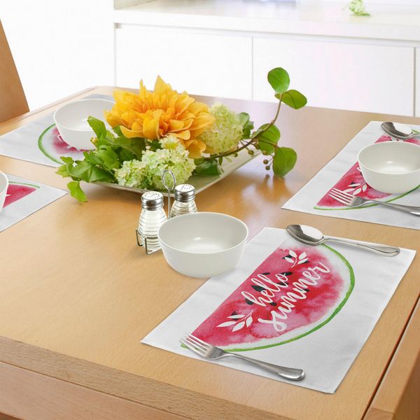 Tovagliette Abakuhaus, Figura Di Anguria Acquerellata Con Stampa Motivazionale "Ciao Estate"" A Colori, Decorazione Da Tavola In Tessuto Resistente Al Lavaggio Per Sala Da Pranzo E Cucina, Verde E Rosso"-image
