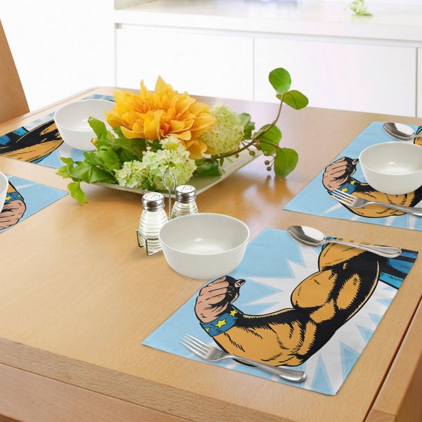 Tovagliette Abakuhaus Comics, Braccio Da Supereroe Che Flette I Muscoli, Grafica Caricaturale Di Personaggi Di Fantasia, Tiscjdeco In Tessuto Resistente Ai Colori Per La Sala Da Pranzo E La Cucina, Calendula Blu-image