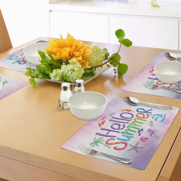 Tovagliette Abakuhaus Lifestyle, Motivo "Ciao Estate"" Con Citazione Motivazionale, Ombrellino Da Cocktail, Palme, Stelle Marine E Stampa Vacanziera, Decorazione Da Tavola In Tessuto Resistente Al Lavaggio Per Sala Da Pranzo E Cucina, Viola"-image