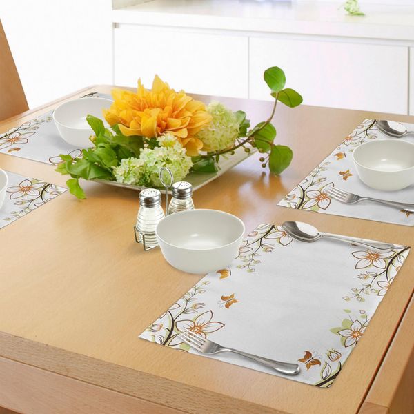 Tovagliette Abakuhaus Con Motivi Floreali, Foglie, Rami, Boccioli E Farfalle, Stampa Come Nell'immagine, Decorazioni Da Tavola In Tessuto Resistente Ai Colori Per La Sala Da Pranzo E La Cucina, Verde Chiaro, Marrone Chiaro, Bianco.-image