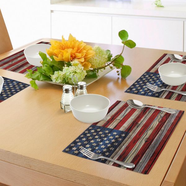 Abakuhaus 4 Luglio Tovagliette, Assi Di Legno Dipinte Come Bandiere Patriottiche Degli Stati Uniti, Tiscjdeco In Tessuto Resistente Ai Colori Per La Sala Da Pranzo E La Cucina, Blu Navy Beige Rosso-image